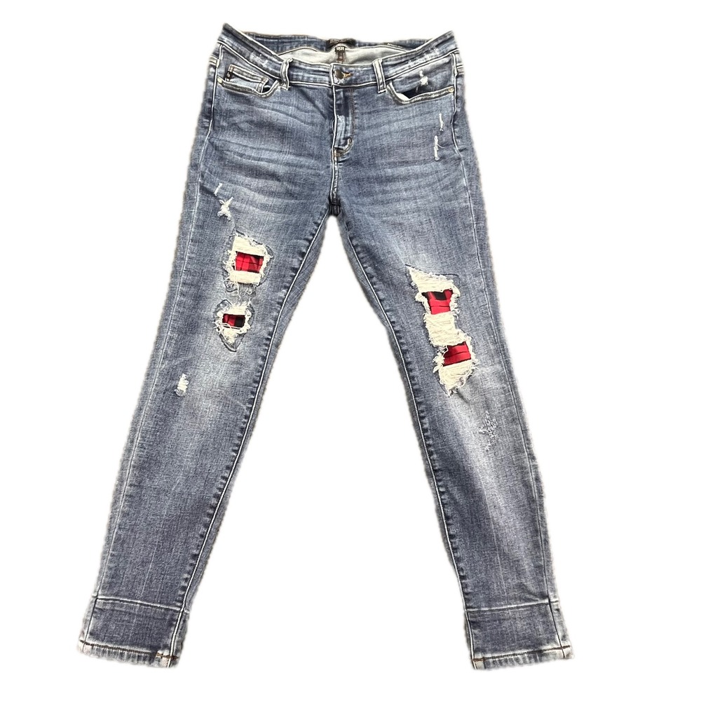 Judy Blue Skinny Jeans Distressed Red Plaid‎ Patches Cuffs Womens Size 13 31